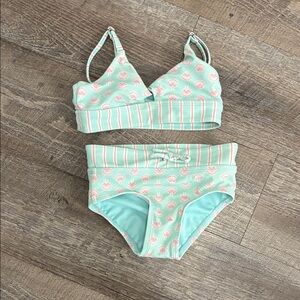 Kids Mint Green Bikini Set with Pink Floral Pattern